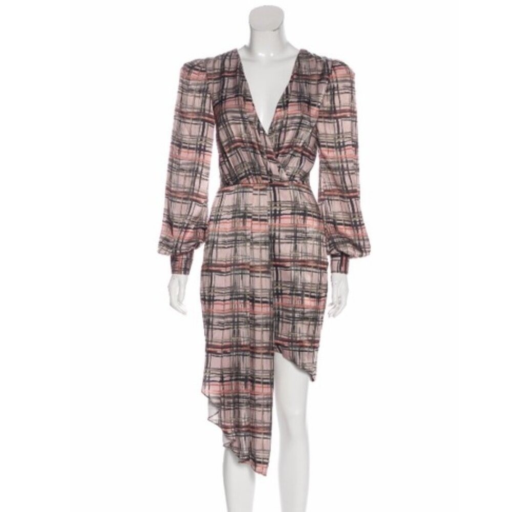 Patbo Plaid High‎ Low Mini Dress Long Sleeve V-Neck Gray Pink Print NWT Size 6 - Picture 2 of 8